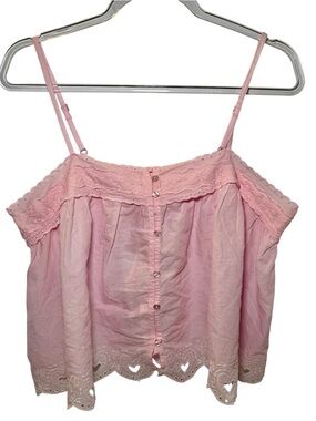 NWT Shabby Chic Pink Lace Camisole Top Heart Eyelet Trim Button Front Boho